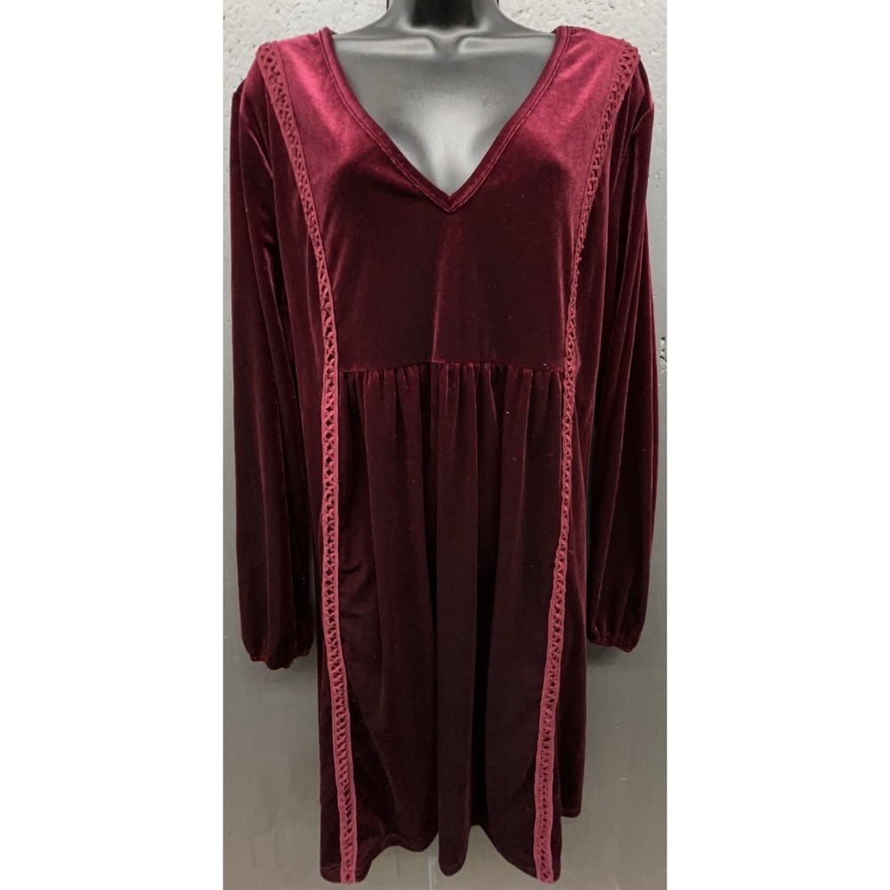 Velvet Tunic Dress 2XL Red Wine Embroider Crochet Stretch Dark Fairy Whimsigoth